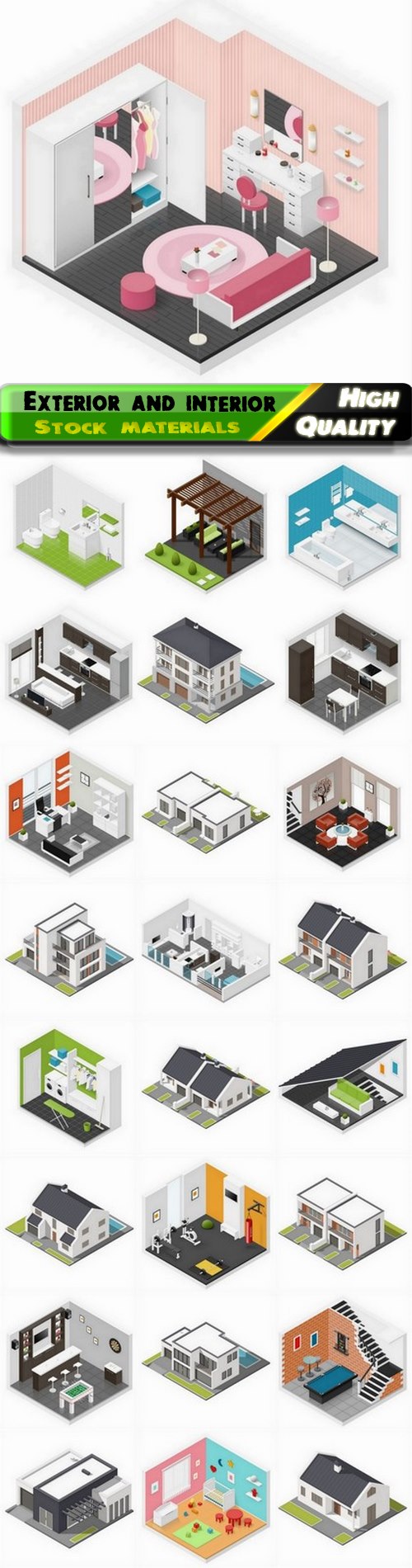 3D isometric home exterior and apartment interior 25 Eps