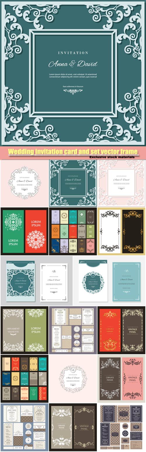 Wedding invitation card and set of vector labels frame