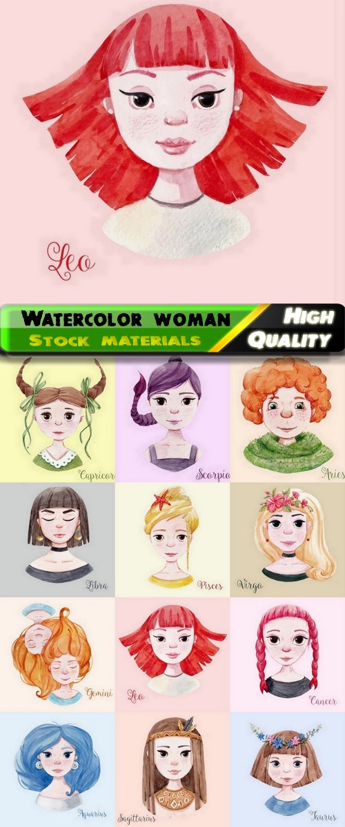 Beautiful watercolor illustration of woman and girl zodiac sign 12 Eps
